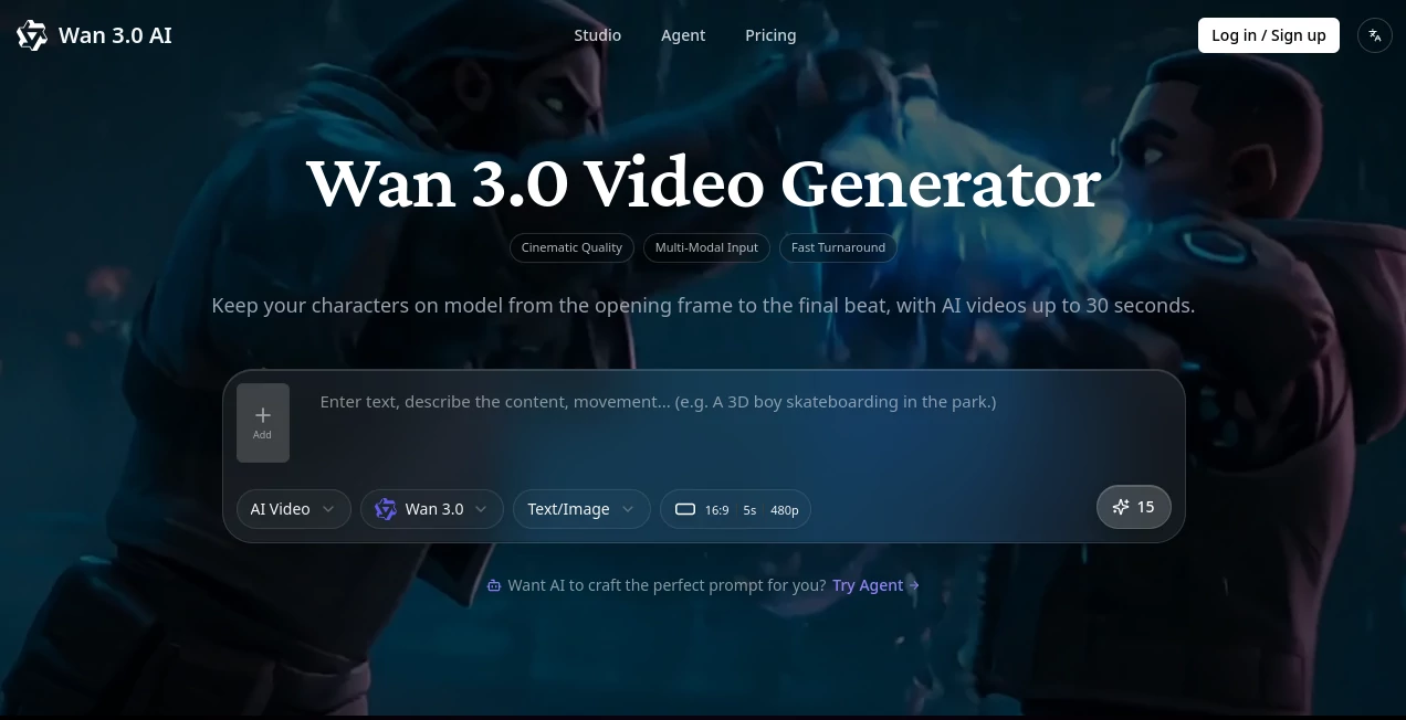 Screenshot of Wan 3.0 AI – An AI tool in the ,AI Video to Video ,AI Image to Video ,AI Video Generator ,AI Text to Video  category, showcasing its interface and key features.