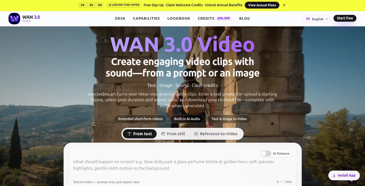 Screenshot of Wan 3.0 Video – An AI tool in the ,AI Image to Video ,AI Video Generator ,AI Text to Video  category, showcasing its interface and key features.
