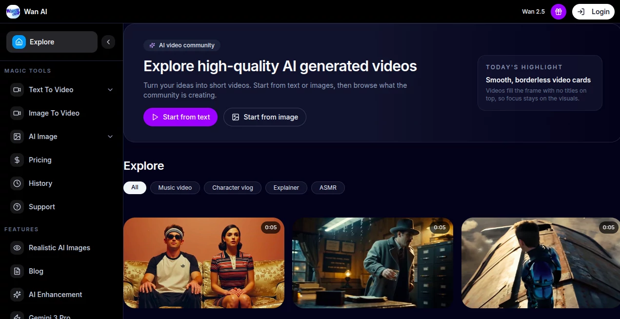 Screenshot of Wan AI – An AI tool in the ,AI Animated Video ,AI Image to Video ,AI Text to Video ,AI Video Generator  category, showcasing its interface and key features.