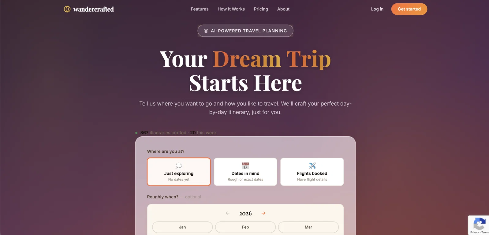 Screenshot of wandercrafted – An AI tool in the ,AI Trip Planner ,AI Life Assistant  category, showcasing its interface and key features.