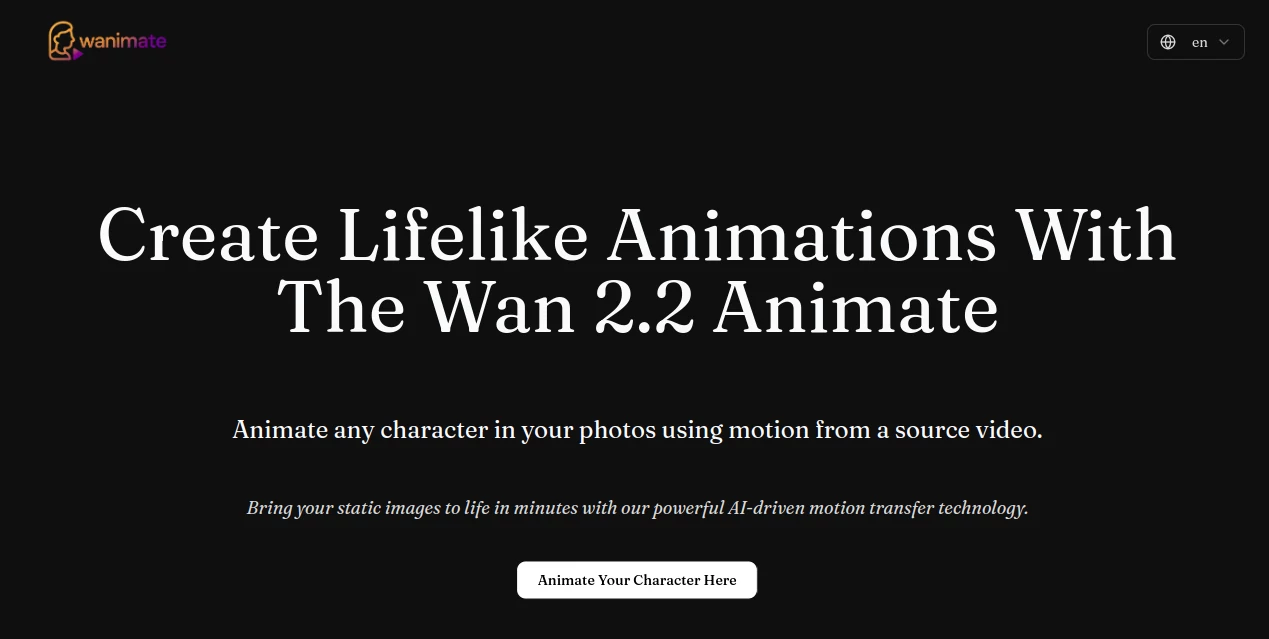 Screenshot of Wanimate – An AI tool in the ,AI Animated Video ,AI Image to Video ,AI Video Generator ,AI Short Clips Generator  category, showcasing its interface and key features.