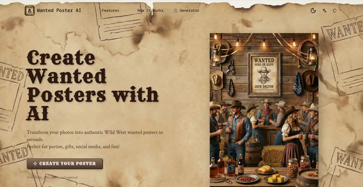 Screenshot of Wanted Poster AI – An AI tool in the ,AI Photo & Image Generator ,AI Fun Tools ,AI Avatar Generator ,AI Background Generator  category, showcasing its interface and key features.