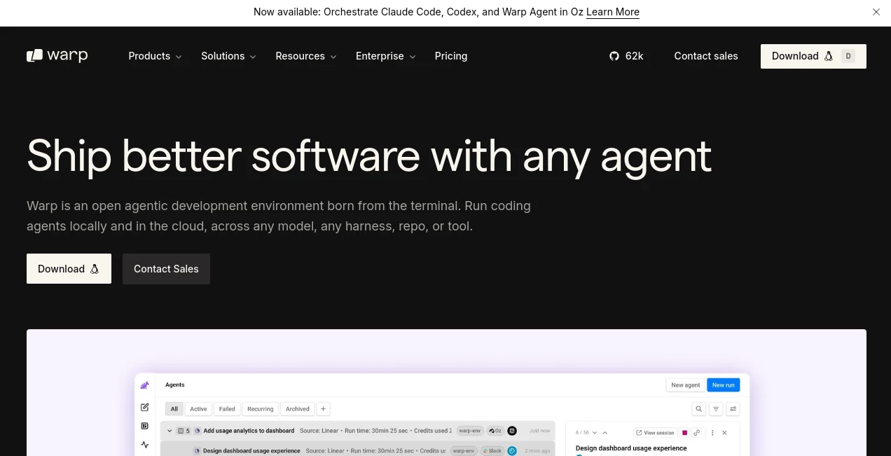 Screenshot of Warp – An AI tool in the ,AI Code Assistant ,AI Productivity Tools ,AI Developer Tools ,AI DevOps Assistant  category, showcasing its interface and key features.