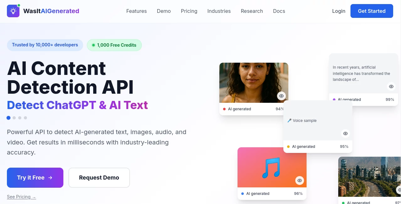 Screenshot of WasItAIGenerated – An AI tool in the ,AI Developer Tools ,AI Research Tool ,AI Detector ,AI Content Detector  category, showcasing its interface and key features.