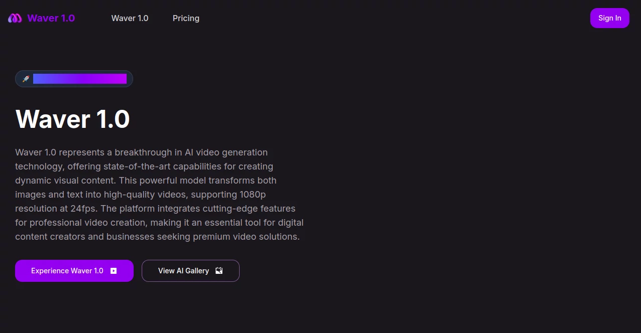 Screenshot of Waver 1.0 – An AI tool in the ,AI Animated Video ,AI Image to Video ,AI Video Generator ,AI Text to Video  category, showcasing its interface and key features.