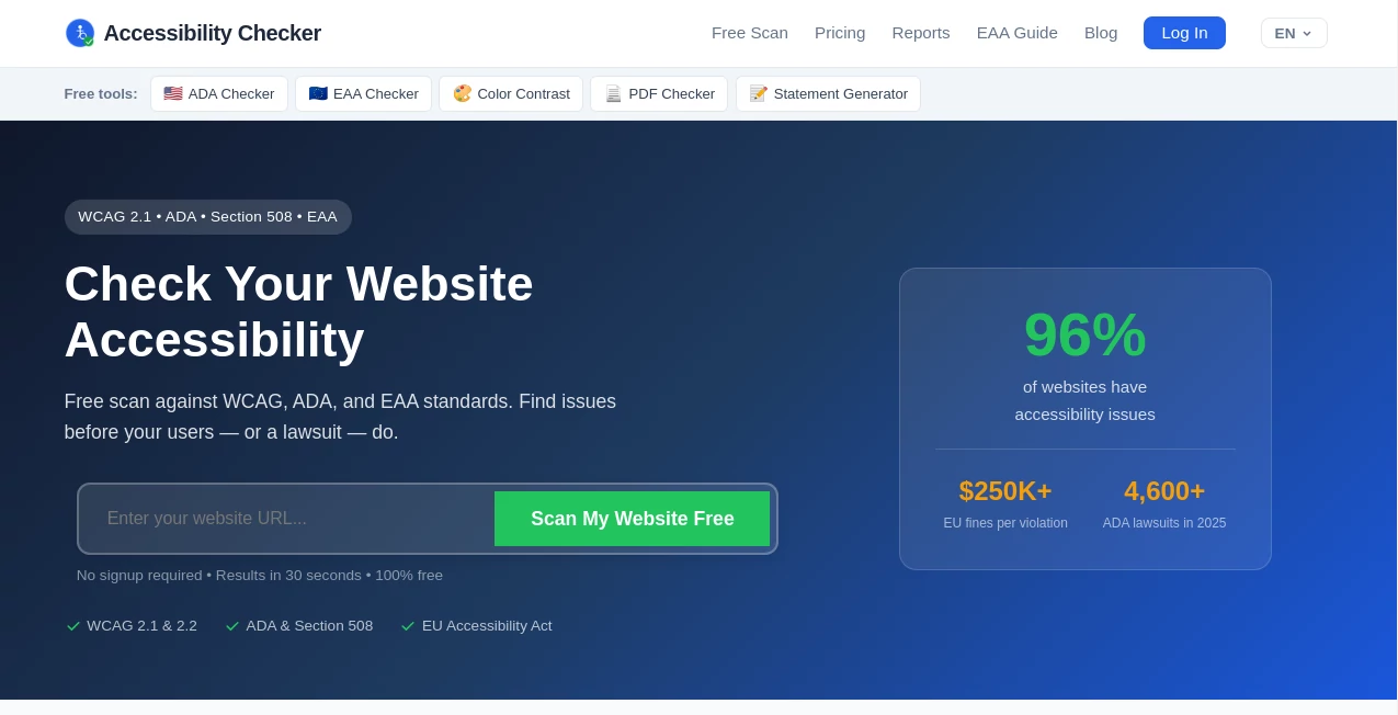 Screenshot of Web Accessibility Checker – An AI tool in the ,AI Website Builder ,AI SEO Assistant ,AI Testing & QA ,AI Developer Tools  category, showcasing its interface and key features.