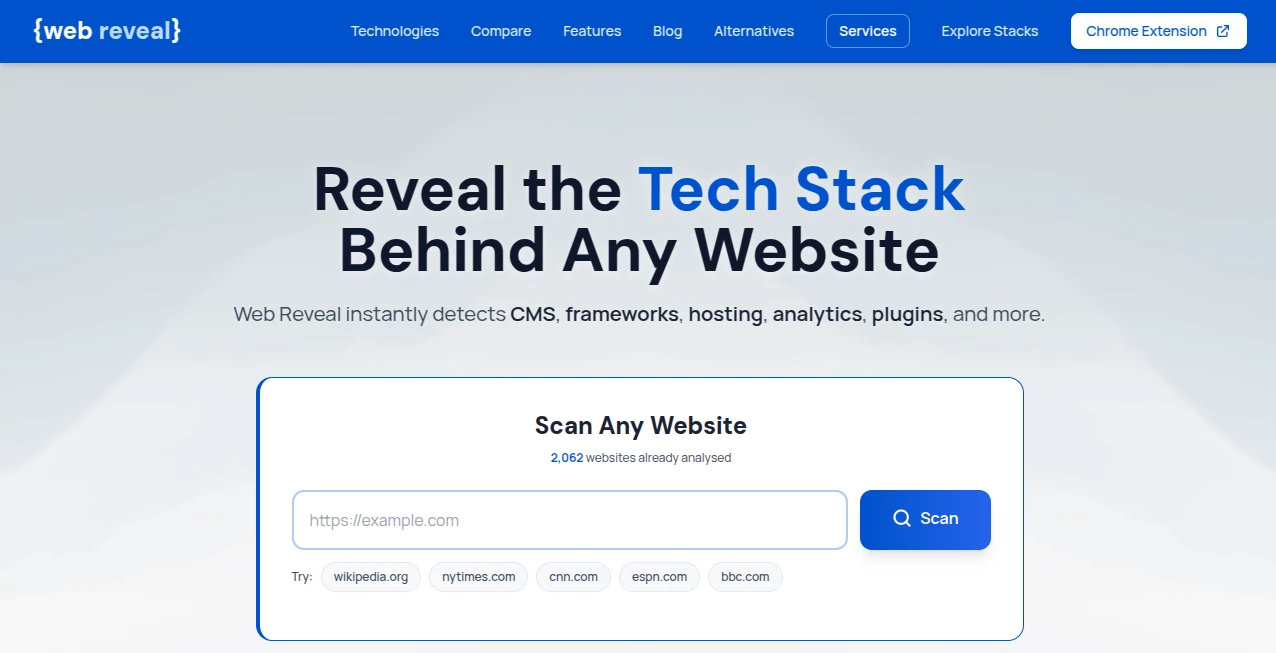 Screenshot of Web Reveal – An AI tool in the ,Marketing ,AI Research Tool ,AI Business Ideas Generator ,AI Analytics Assistant  category, showcasing its interface and key features.