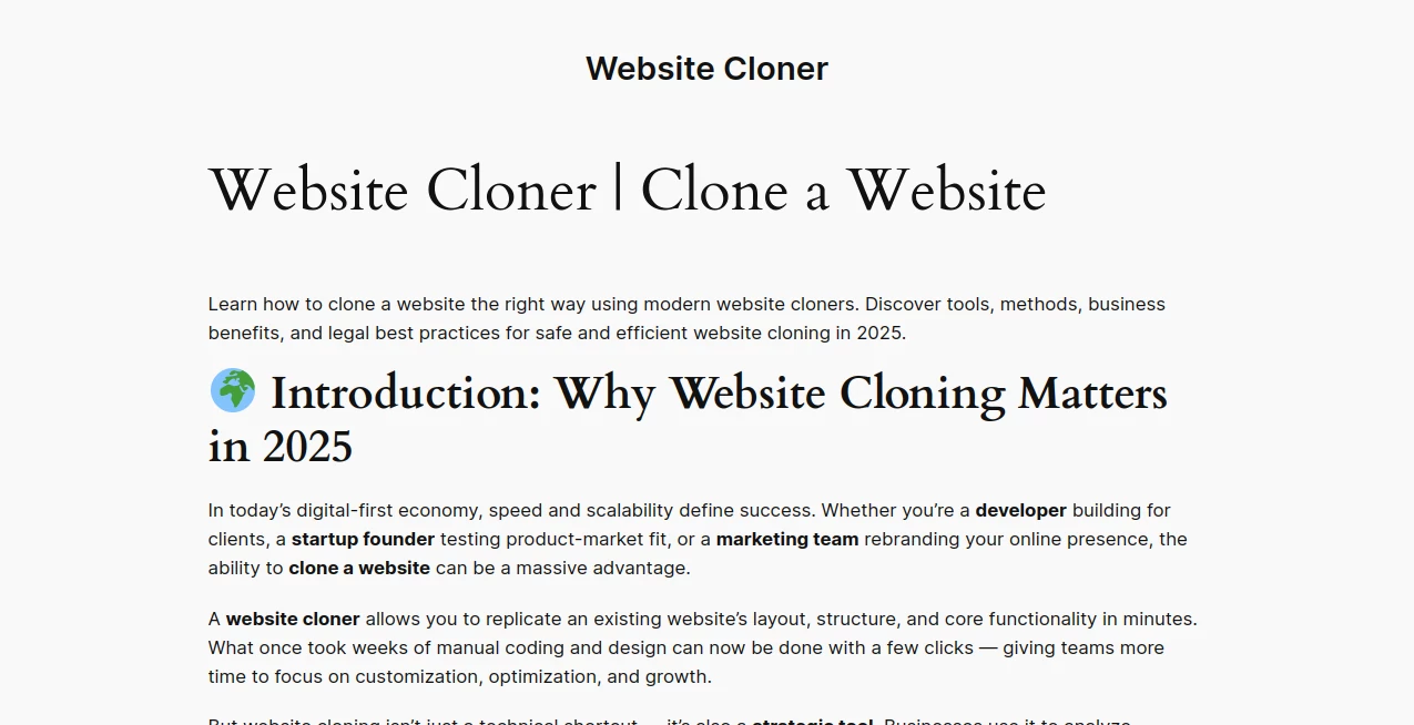 Screenshot of Website Cloner – An AI tool in the ,AI Landing Page Builder ,AI Website Builder ,AI Web Scraping ,AI Developer Tools  category, showcasing its interface and key features.