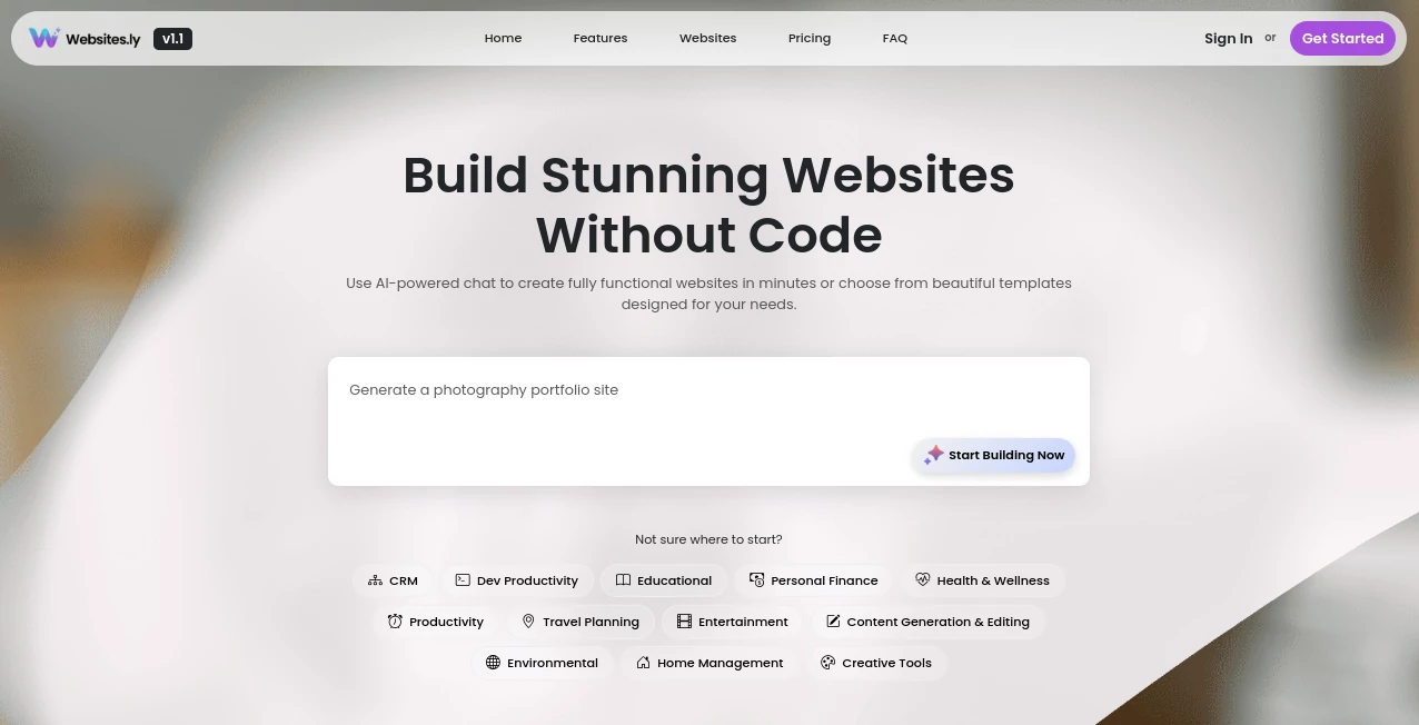 Screenshot of Websites.ly – An AI tool in the ,AI Landing Page Builder ,AI Website Builder ,AI No-Code & Low-Code ,AI Design Assistant  category, showcasing its interface and key features.