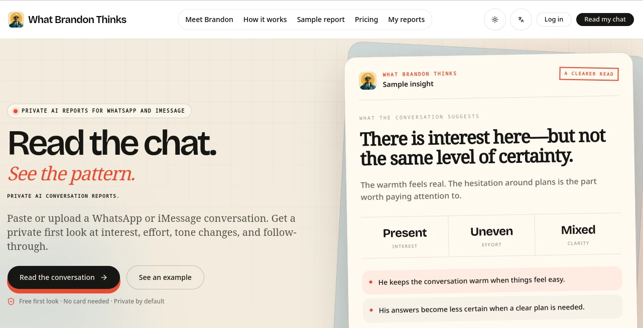 Screenshot of What Brandon Thinks – An AI tool in the ,AI Life Assistant ,AI Fun Tools ,AI Dating Assistant  category, showcasing its interface and key features.