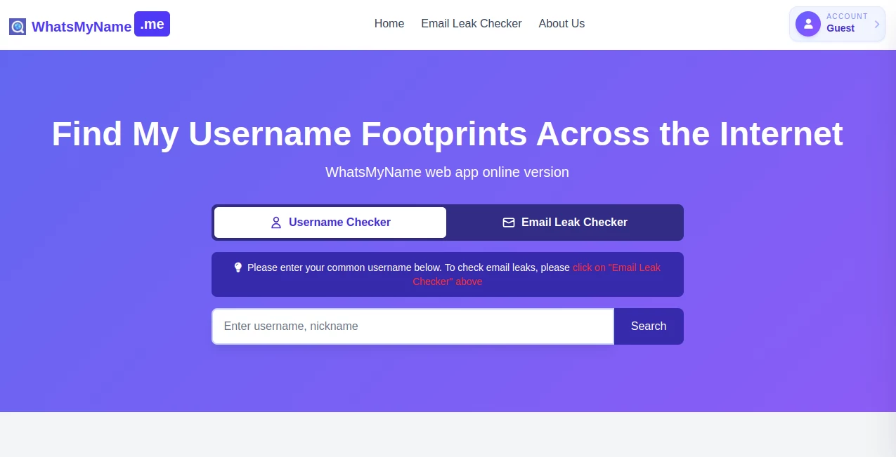Screenshot of WhatsMyName – An AI tool in the ,Other ,AI Research Tool ,AI Search Engine  category, showcasing its interface and key features.