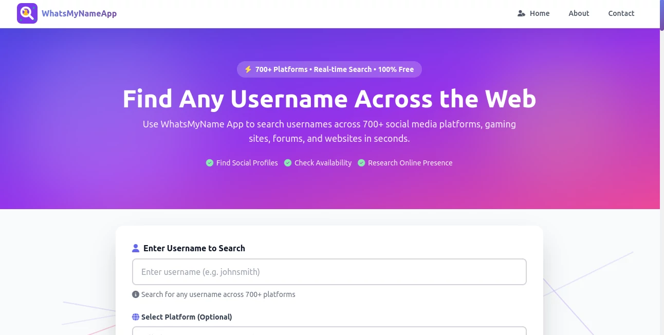 Screenshot of WhatsMyName App – An AI tool in the ,AI Productivity Tools ,AI Research Tool ,AI Developer Tools ,AI Search Engine  category, showcasing its interface and key features.