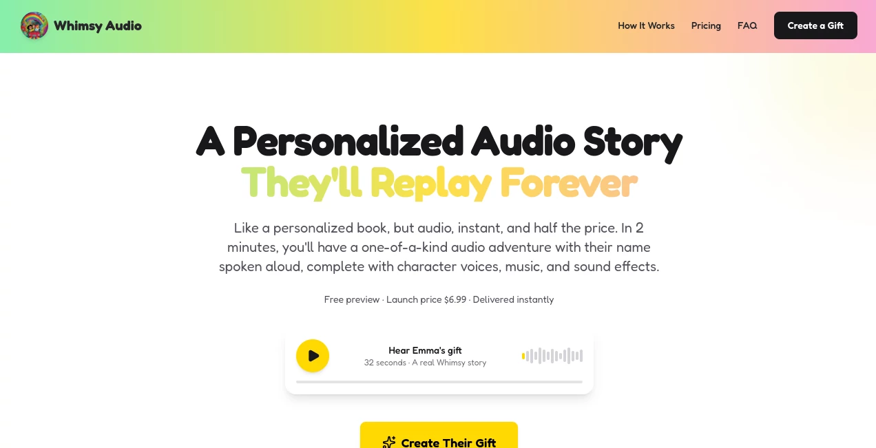 Screenshot of Whimsy Audio – An AI tool in the ,AI Text to Speech ,AI Voice & Audio Editing ,AI Speech Synthesis ,AI Fun Tools  category, showcasing its interface and key features.