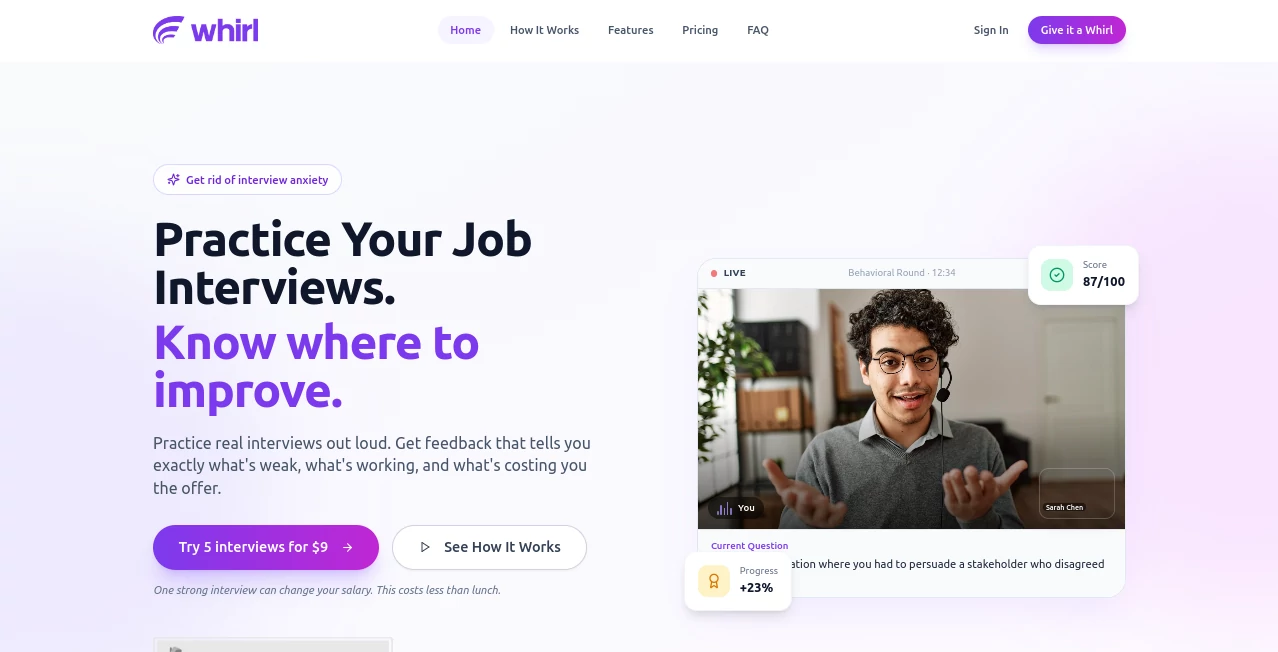 Screenshot of Whirl Interview – An AI tool in the ,AI Coaching ,AI Interview Assistant ,AI Recruiting  category, showcasing its interface and key features.