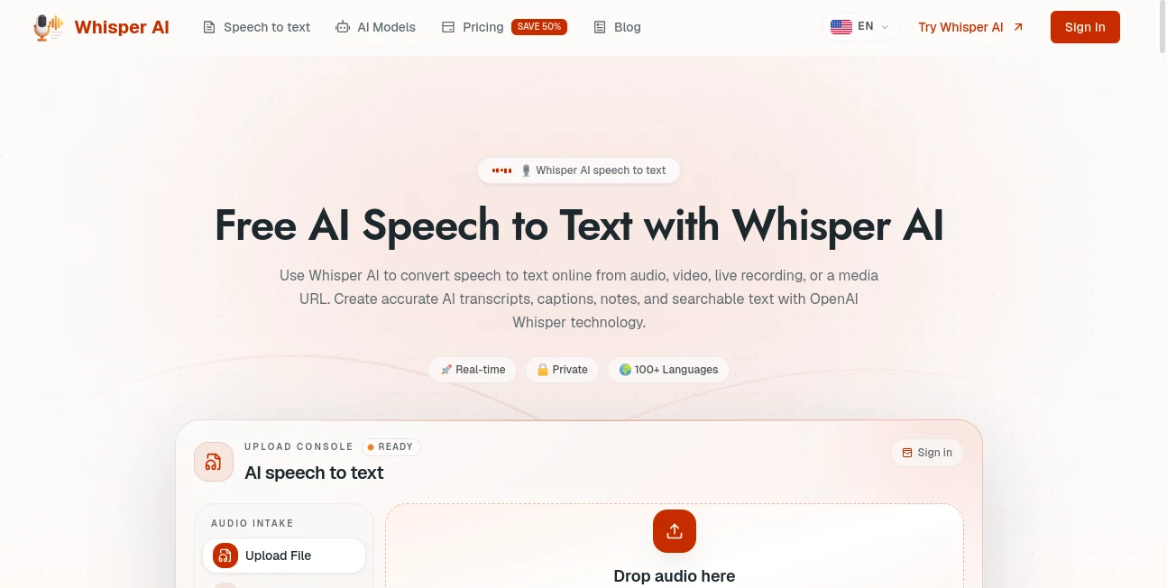 Screenshot of Whisper AI – An AI tool in the ,AI Transcription ,AI Speech to Text ,AI Speech Recognition ,AI Meeting Assistant  category, showcasing its interface and key features.