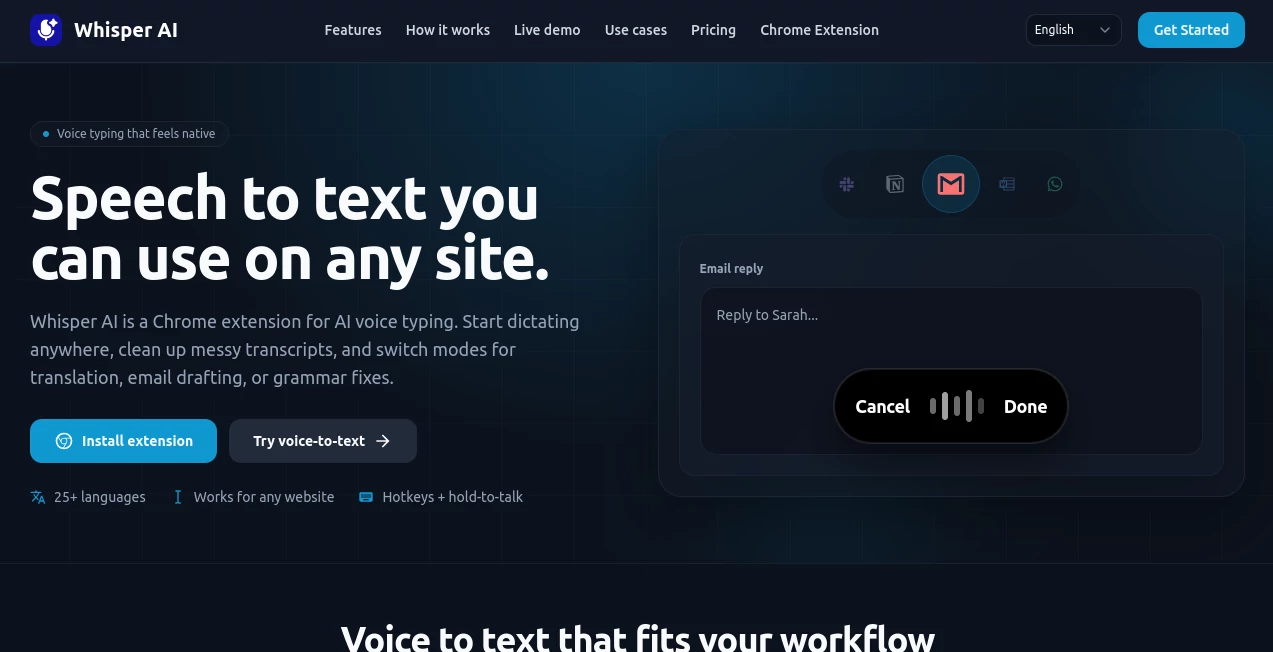 Screenshot of Whisper AI – An AI tool in the ,AI Speech to Text ,AI Speech Recognition ,AI Voice Assistants ,AI Customer Service Assistant  category, showcasing its interface and key features.