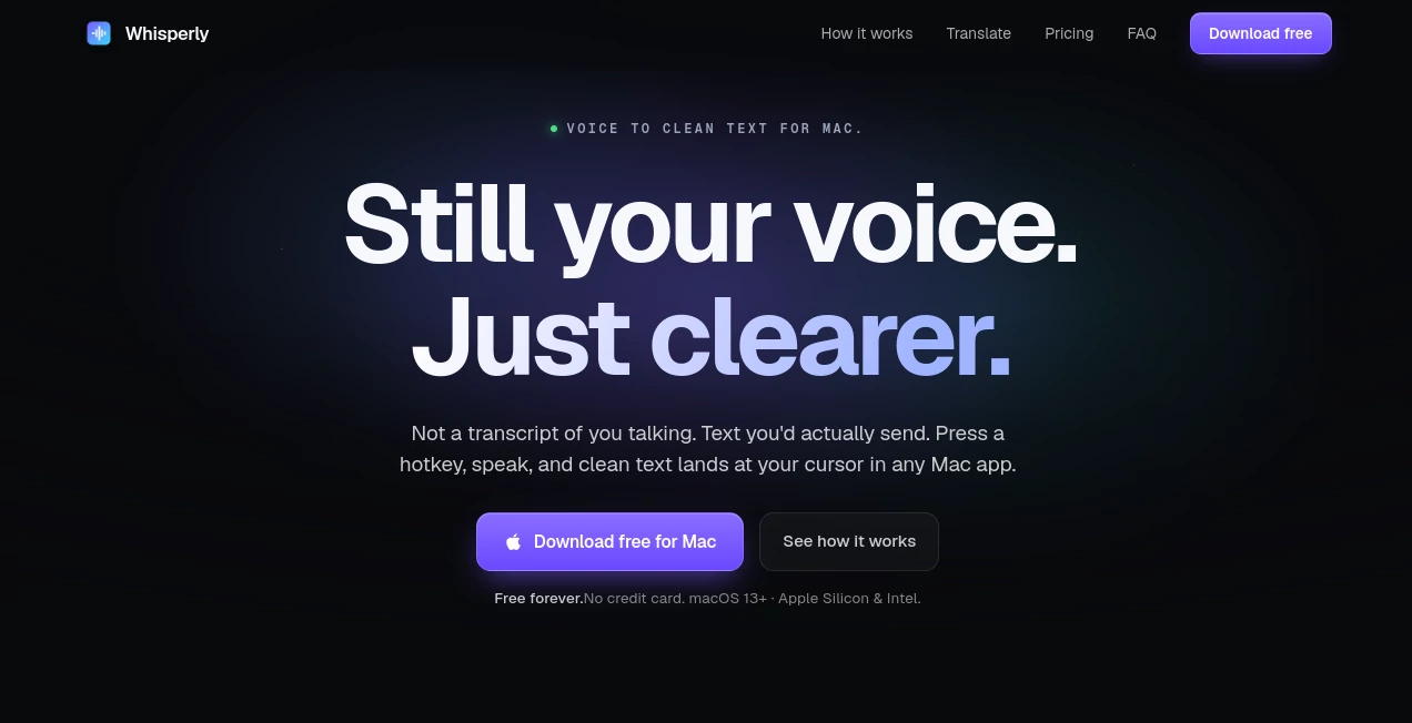 Screenshot of Whisperly – An AI tool in the ,AI Translate ,AI Writing Assistants ,AI Speech to Text ,AI Productivity Tools  category, showcasing its interface and key features.