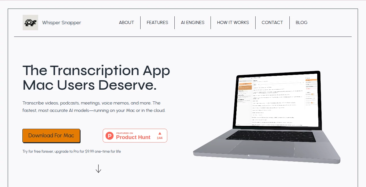 Screenshot of Whisper Snapper – An AI tool in the ,AI Productivity Tools ,AI Transcription ,AI Speech to Text ,AI Voice & Audio Editing  category, showcasing its interface and key features.