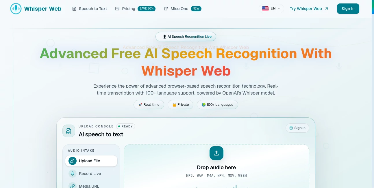 Screenshot of Whisper Web – An AI tool in the ,AI Transcription ,AI Speech to Text ,AI Speech Recognition ,AI Productivity Tools  category, showcasing its interface and key features.