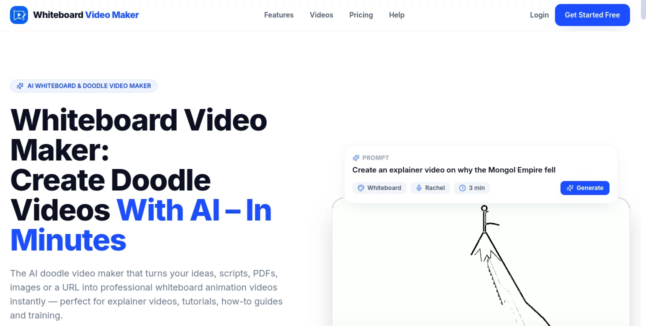 Screenshot of Whiteboard Video Maker – An AI tool in the ,AI Animated Video ,AI Video Generator ,AI Text to Video  category, showcasing its interface and key features.
