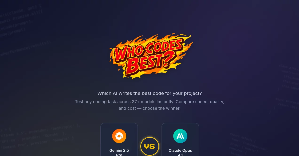 Screenshot of Who Codes Best – An AI tool in the ,AI Code Assistant ,AI Research Tool ,AI Code Generator ,AI Developer Tools  category, showcasing its interface and key features.