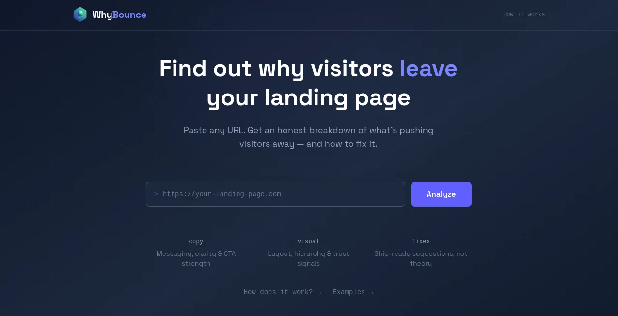 Screenshot of WhyBounce – An AI tool in the ,AI SEO Assistant ,AI Marketing Plan Generator ,AI Digital Marketing Generator ,Other  category, showcasing its interface and key features.