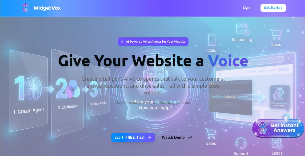 Screenshot of WidgetVox – An AI tool in the ,AI Speech Recognition ,AI Voice Assistants ,AI Customer Service Assistant ,AI Lead Generation  category, showcasing its interface and key features.