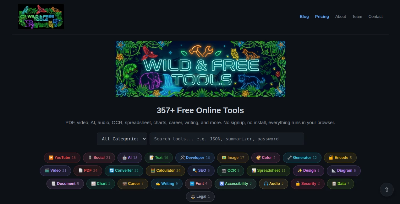 Screenshot of Wild and Free Tools – An AI tool in the ,AI Image Recognition ,AI SEO Assistant ,AI Productivity Tools ,AI Files Assistant  category, showcasing its interface and key features.