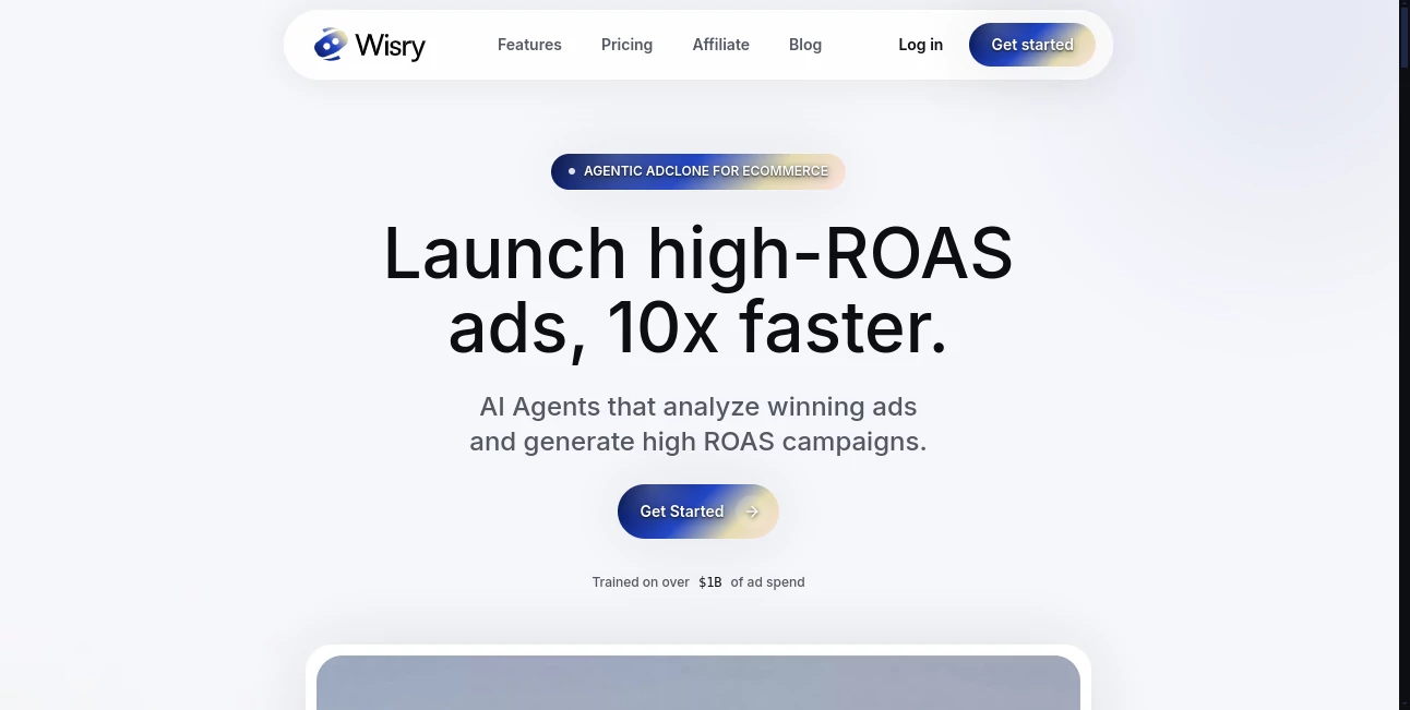 Screenshot of Wisry – An AI tool in the ,Marketing ,AI Ad Generator ,AI Digital Marketing Generator ,AI Advertising Assistant  category, showcasing its interface and key features.