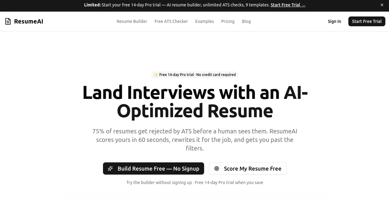 Screenshot of ResumeAI – An AI tool in the ,AI Resume Builder ,AI Productivity Tools ,AI Recruiting ,AI Writing Assistants  category, showcasing its interface and key features.