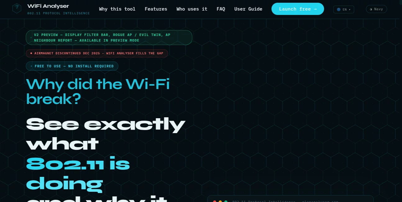 Screenshot of WiFi Analyser – An AI tool in the ,AI Monitor & Report Builder ,AI Developer Tools ,AI Research Tool ,AI Analytics Assistant  category, showcasing its interface and key features.