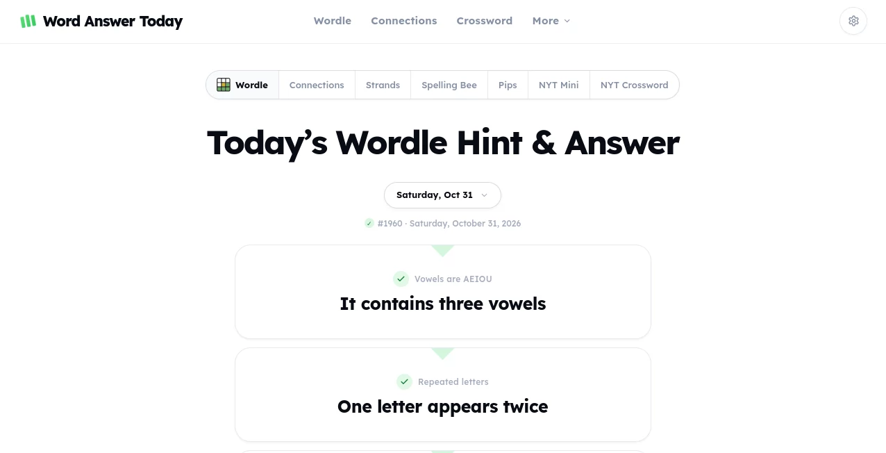 Screenshot of wordanswertoday – An AI tool in the ,AI Game ,Life Assistant  category, showcasing its interface and key features.