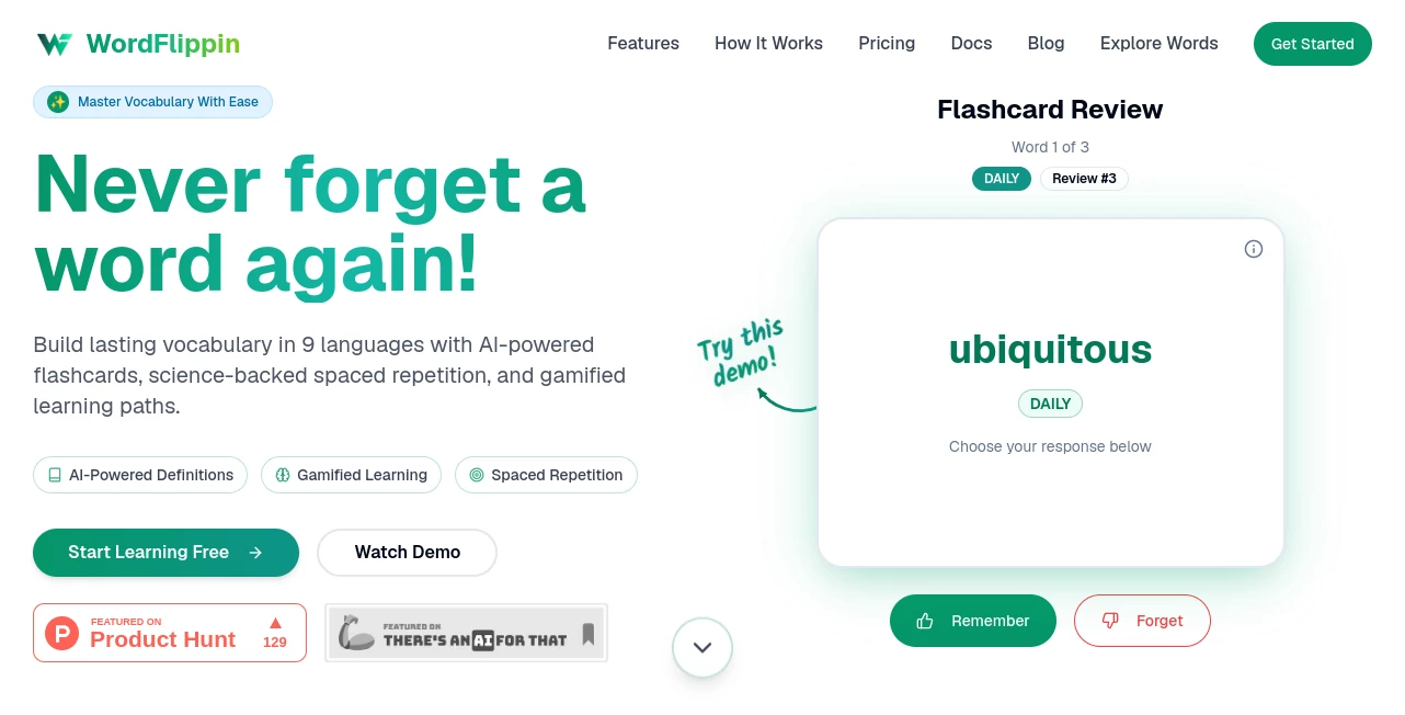 Screenshot of WordFlippin – An AI tool in the ,AI Knowledge Management ,AI Education Assistant ,AI Productivity Tools  category, showcasing its interface and key features.