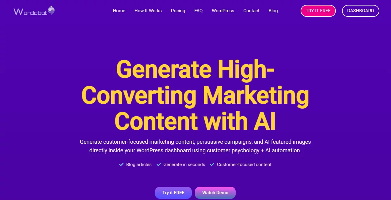 Screenshot of WordoBot – An AI tool in the ,AI Blog Writer ,AI Copywriting ,AI Content Generator ,Marketing  category, showcasing its interface and key features.