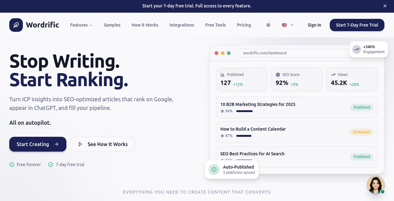 Screenshot of Wordrific – An AI tool in the ,AI Blog Writer ,AI Writing Assistants ,AI Content Generator ,Text & Writing  category, showcasing its interface and key features.