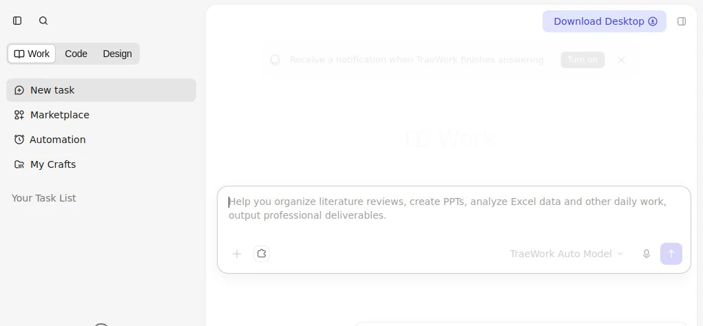 Screenshot of TRAE Work – An AI tool in the ,AI No-Code & Low-Code ,AI Code Assistant ,AI Research Tool ,AI Developer Docs ,AI Developer Tools  category, showcasing its interface and key features.