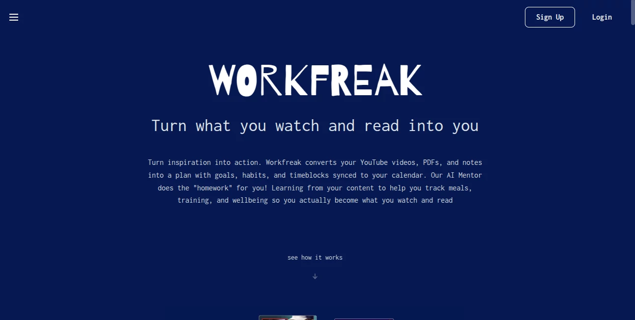 Screenshot of Workfreak – An AI tool in the ,AI Life Assistant ,AI Fitness ,AI Productivity Tools ,AI Task Management  category, showcasing its interface and key features.