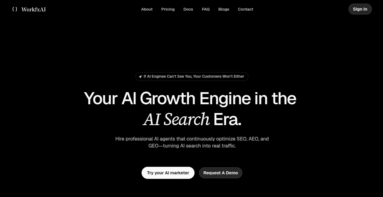 Screenshot of Workfx AI – An AI tool in the ,AI SEO Assistant ,AI Marketing Plan Generator ,AI Digital Marketing Generator ,AI Research Tool  category, showcasing its interface and key features.