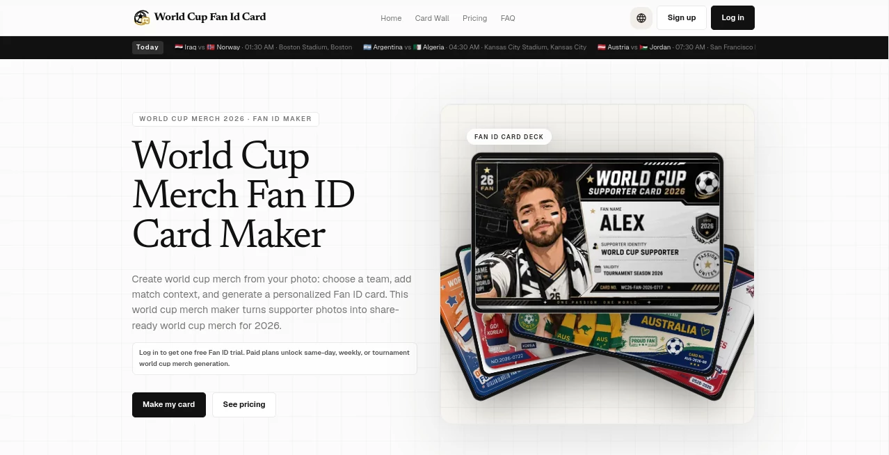 Screenshot of World Cup Fan Id Card – An AI tool in the ,AI Life Assistant ,AI Fun Tools ,AI Sports ,AI Forms & Surveys  category, showcasing its interface and key features.