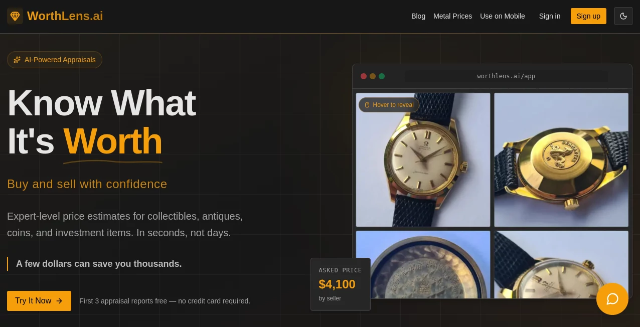 Screenshot of WorthLens.ai – An AI tool in the ,AI Image Recognition ,AI Productivity Tools ,AI Research Tool ,AI Analytics Assistant  category, showcasing its interface and key features.