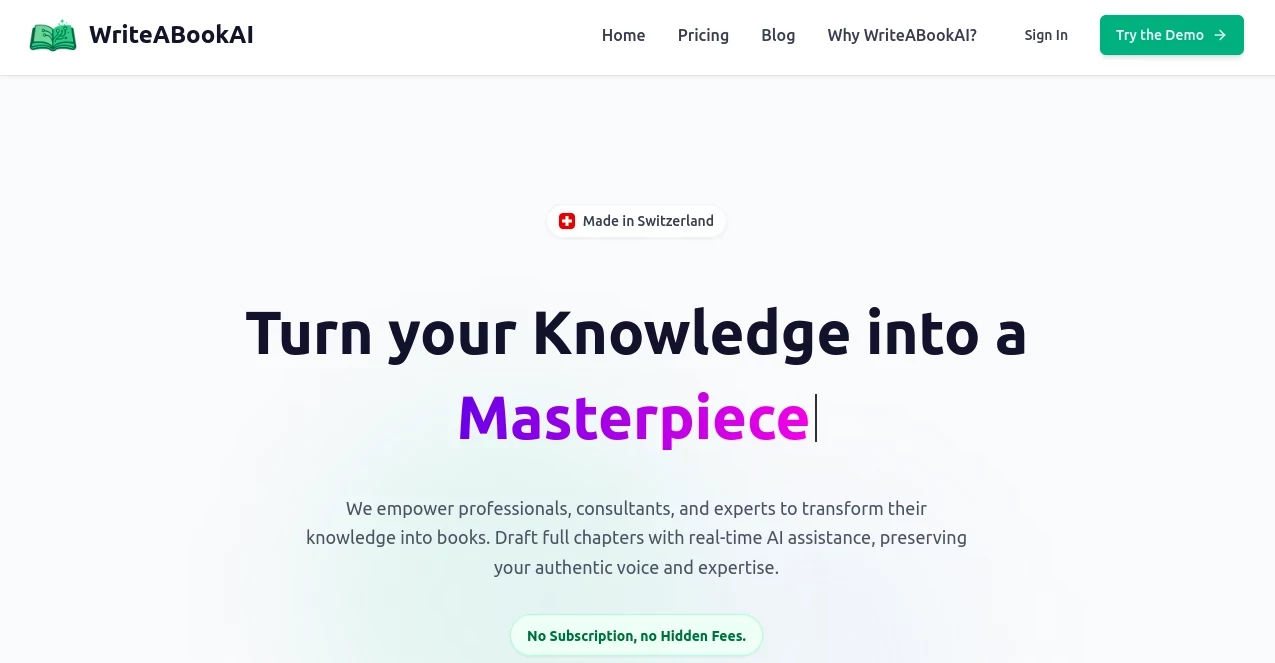 Screenshot of WriteABookAI – An AI tool in the ,AI Creative Writing ,AI Book Writing ,AI General Writing ,AI Story Writing  category, showcasing its interface and key features.