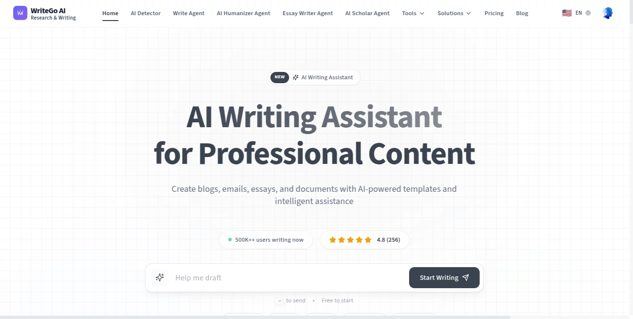 Screenshot of WriteGo – An AI tool in the ,AI Essay Writer ,AI Paraphraser ,AI Content Generator ,AI Writing Assistants  category, showcasing its interface and key features.