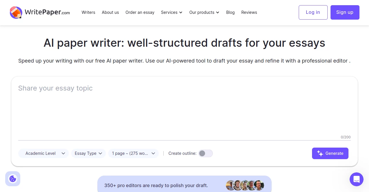 Screenshot of AI paper writer – An AI tool in the ,AI Creative Writing ,AI Essay Writer ,AI Report Writing ,AI General Writing  category, showcasing its interface and key features.