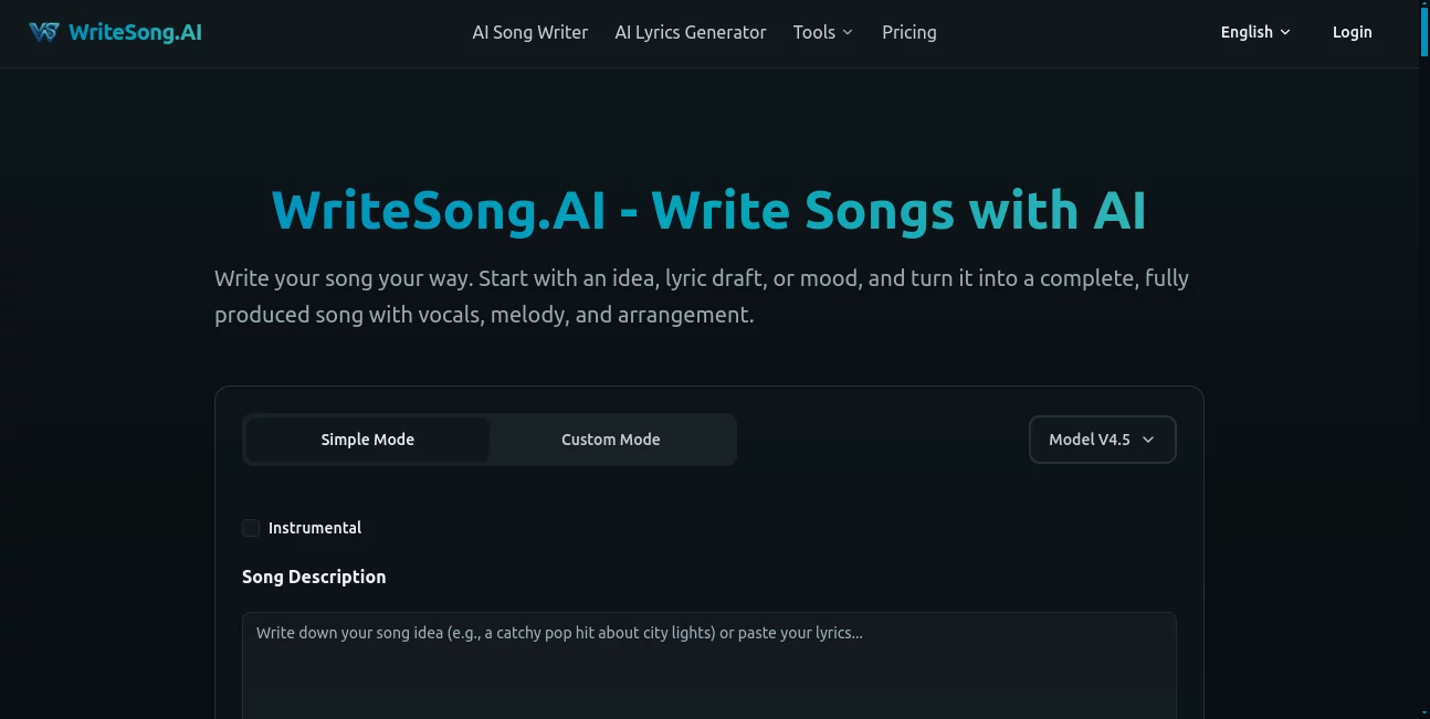 Screenshot of WriteSong.AI – An AI tool in the ,AI Lyrics Generator ,AI Music Generator ,AI Voice & Audio Editing ,AI Text to Music  category, showcasing its interface and key features.