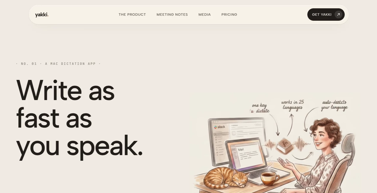 Screenshot of yakki. – An AI tool in the ,AI Transcription ,AI Speech to Text ,AI Productivity Tools ,AI Meeting Assistant  category, showcasing its interface and key features.