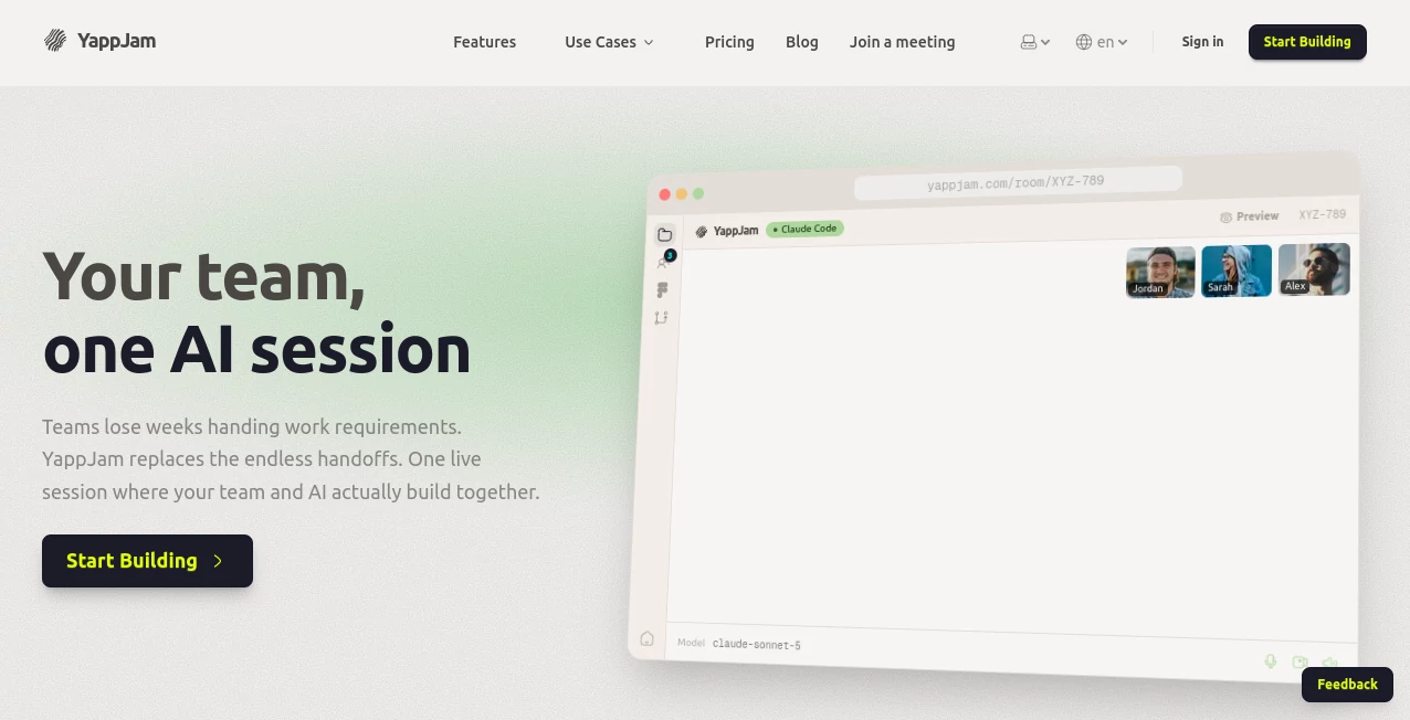 Screenshot of YappJam – An AI tool in the ,AI Team Collaboration ,AI Project Management ,AI Code Generator ,AI Developer Tools  category, showcasing its interface and key features.