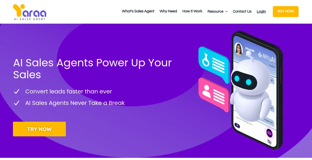 Screenshot of Yaraa AI Sales Agents – An AI tool in the ,AI Lead Generation ,AI Sales Assistant ,AI Customer Service Assistant ,AI Chatbot  category, showcasing its interface and key features.