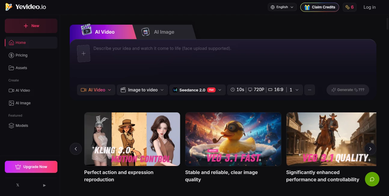 Screenshot of Yevideo – An AI tool in the ,AI Photo & Image Generator ,AI Image to Video ,AI Video Generator ,AI Video Editor  category, showcasing its interface and key features.