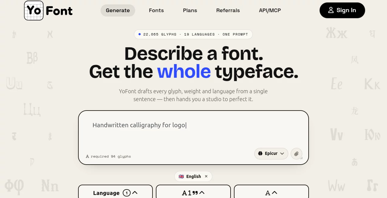 Screenshot of YoFont – An AI tool in the ,AI Design Generator ,AI Graphic Design ,AI Design Assistant ,AI Font  category, showcasing its interface and key features.