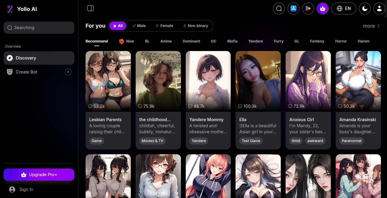Screenshot of Yollo AI – An AI tool in the ,AI Story Writing ,AI Creative Writing ,AI Chatbot ,AI Character  category, showcasing its interface and key features.